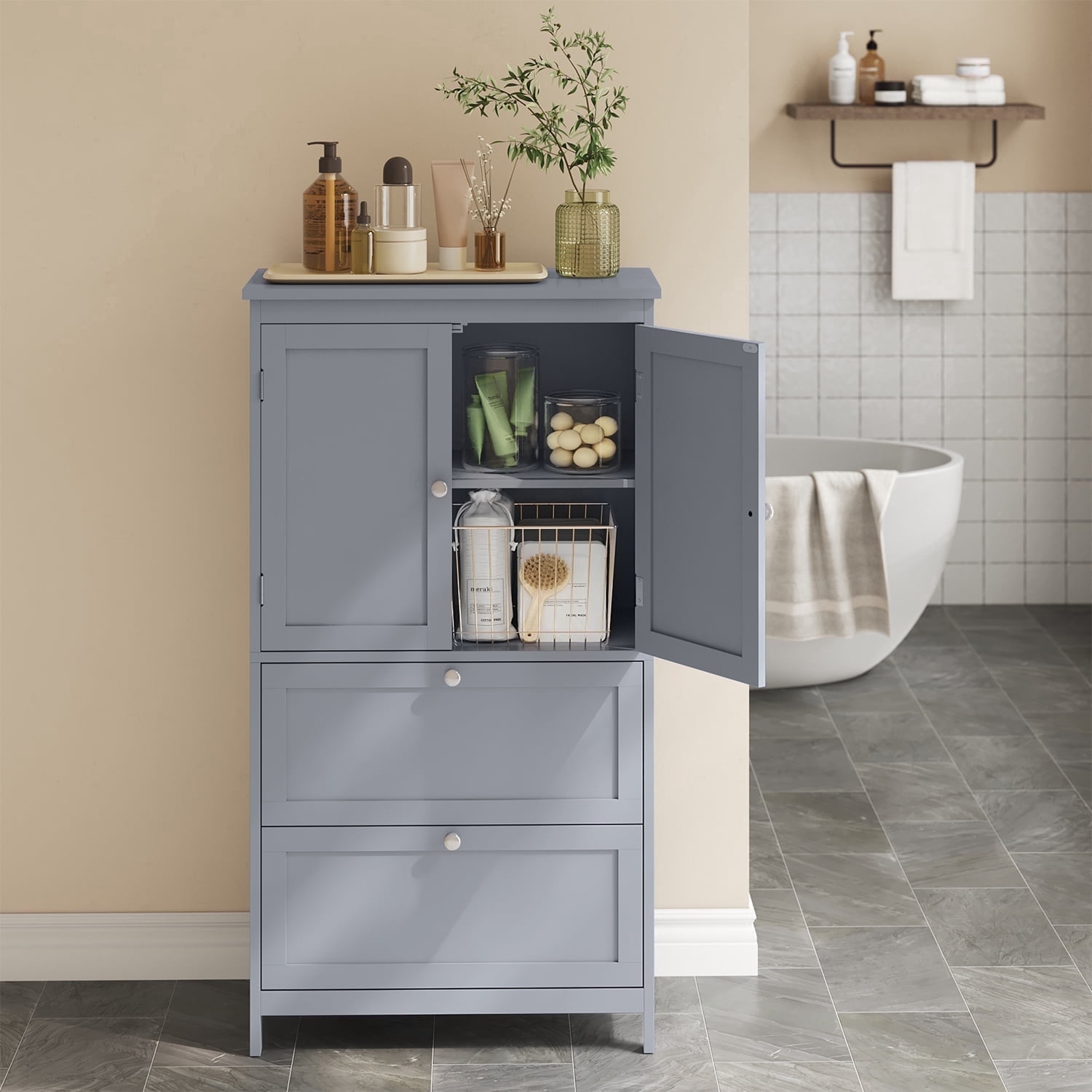LEDREM Bathroom Floor Storage Cabinet, Freestanding Cabinet with 2 Doors 2 Drawers, for Kitchen Living Room Small Spaces, Dove Gray