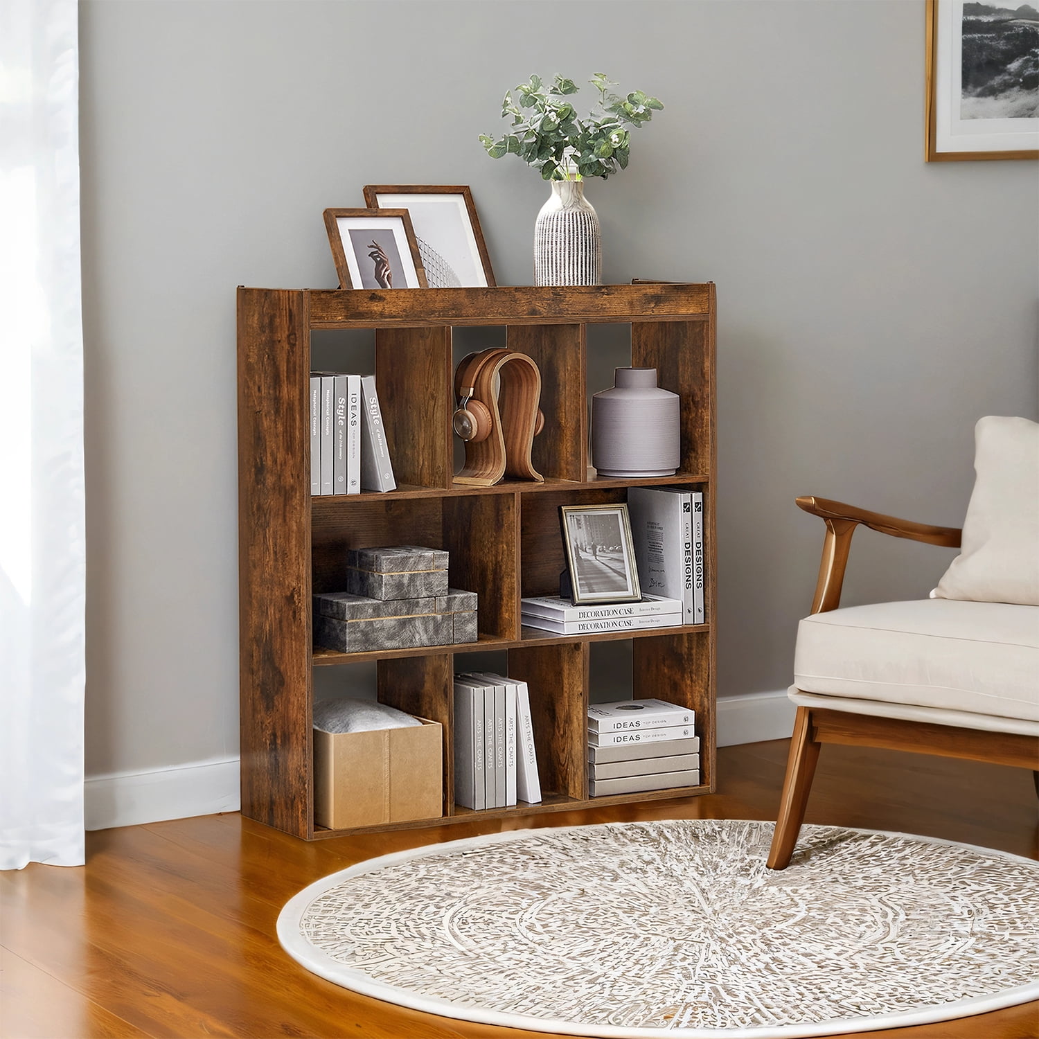 LEDREM 8-Tier Adjustable Cube Bookcase, Cube Storage Organizer Shelf, 33lb Capacity per Tier, Easy Assembly, for Home, Office, Rustic Brown