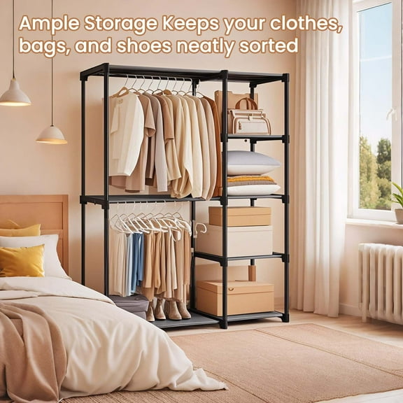 LEDREM Freestanding Closet Organizer with Shelves , 2 Hanging Rods & 4 Shelves , Portable Wardrobe Rack for Bedroom , Cloakroom , Gray