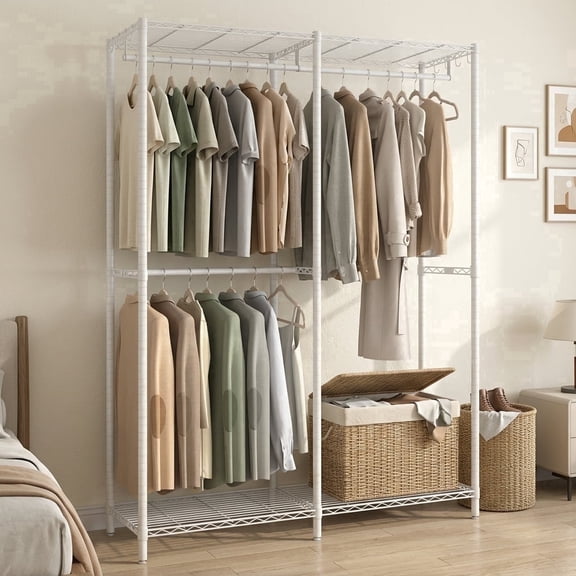 LEDREM Freestanding Clothes Rack , Metal Heavy-Duty Garment Rack/Wardrobe Closet with 3 Hanging Rods , 4 Shelves , Adjustable/Removable Parts , Tool-Free Assembly for Home Storage ,Cloud White