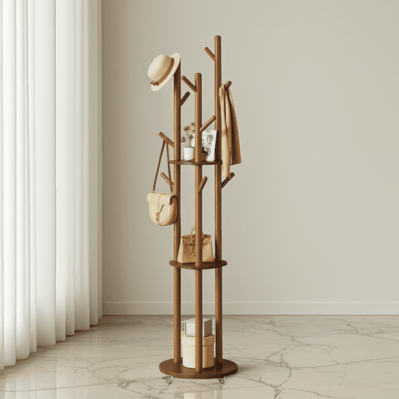 LEDREM Freestanding Coat Rack Stand with 11 Hooks & 3 Shelves, Wooden Coat Tree with Removable 361° Swivel Wheels, for Entryway, Bedroom, Walnut Brown