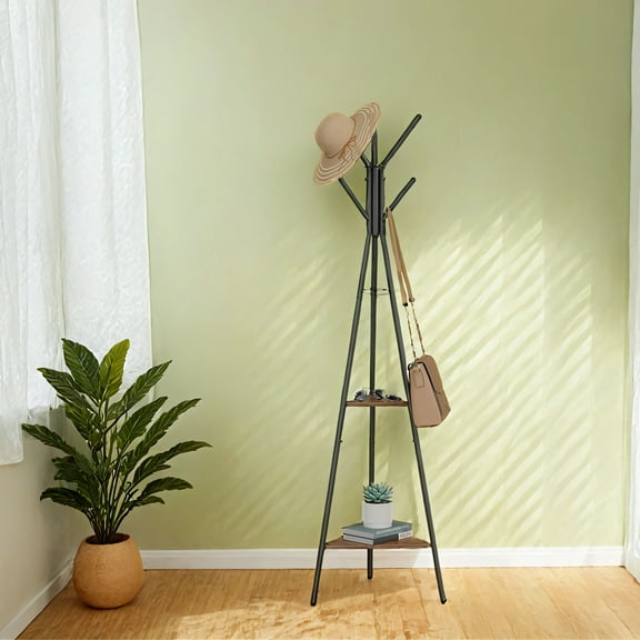 LEDREM Freestanding Coat Rack with 6 Hooks & 2 Triangular Shelves, Industrial Hall Tree for Clothes, Hats, Bags – Hazelnut Brown & Black