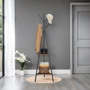 LEDREM Freestanding Coat Rack with 6 Hooks & 2 Triangular Shelves, Industrial Hall Tree for Clothes, Hats, Bags   Rustic Brown & Black