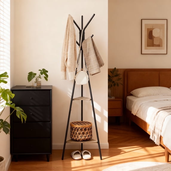 LEDREM Freestanding Coat Rack with 6 Hooks and 2 Triangular Storage Shelves, Industrial Hall Tree for Clothes, Hats, Bags, Greige and Black