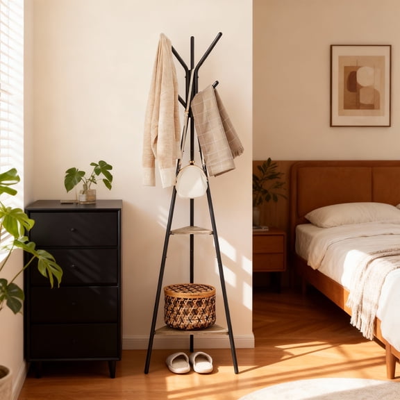 LEDREM Freestanding Coat Rack with 6 Hooks and 2 Triangular Storage Shelves, Industrial Hall Tree for Clothes, Hats, Bags, Greige and Black