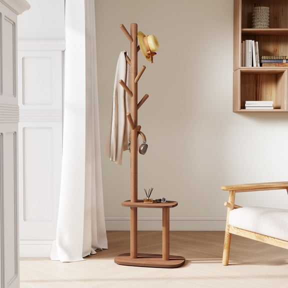 LEDREM Freestanding Hall Tree Coat Rack with 8 Hooks and Storage Shelf, 67.2 Inch Tall Entryway Organizer for Coats, Hats, Bags, Caramel Brown