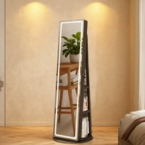 LEDREM Freestanding Jewelry Armoire with LED Mirror and Lock, Adjustable Lighting Storage Cabinet with Vanity Table, Ash Brown