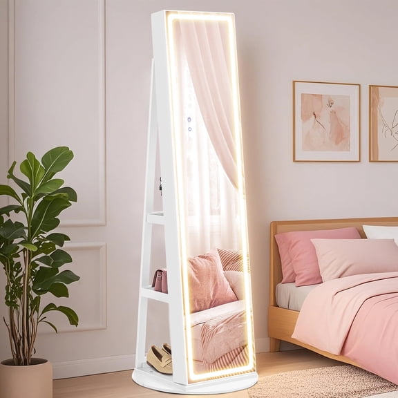 LEDREM Freestanding LED Jewelry Cabinet with Full-Length Mirror, Lockable Armoire with 108 Earring Slots and Vanity Table, Cloud White