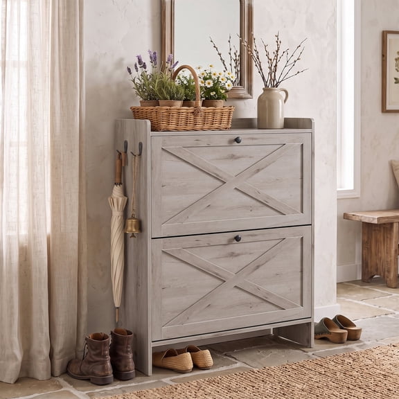 LEDREM Freestanding Narrow Shoe Rack Cabinet, Shoe Storage Cabinet Organizer with 2 Flip Drawers, Fits 14 to 16 Pairs, Gray