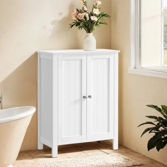 LEDREM Bathroom Cabinets Freestanding, Bathroom Storage Floor Cabinet with Doors and Adjustable Shelves, White