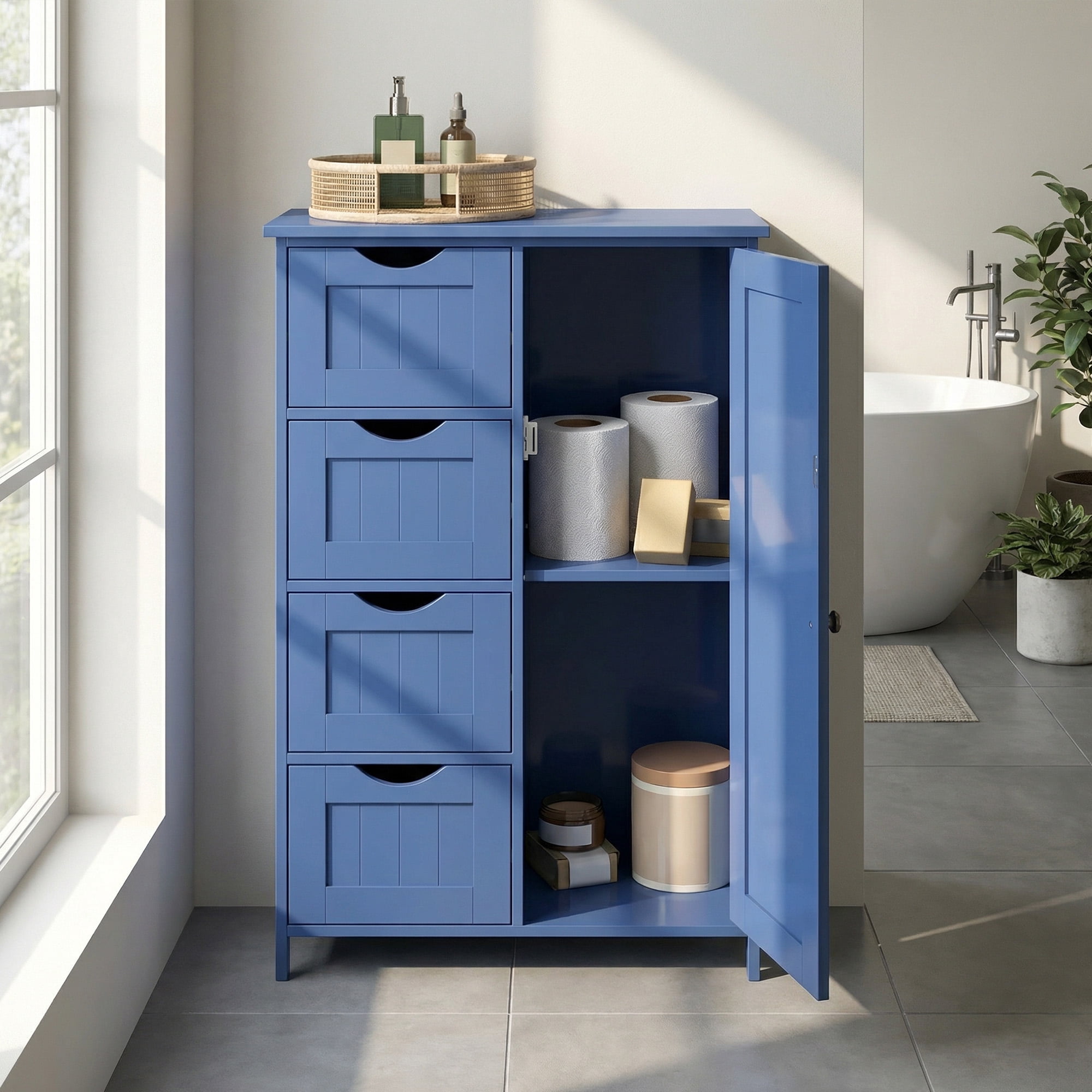 LEDREM Bathroom Floor Cabinet, Wooden Freestanding Side Storage Organizer with 4 Drawers and Adjustable Shelves for Bathroom,Blue