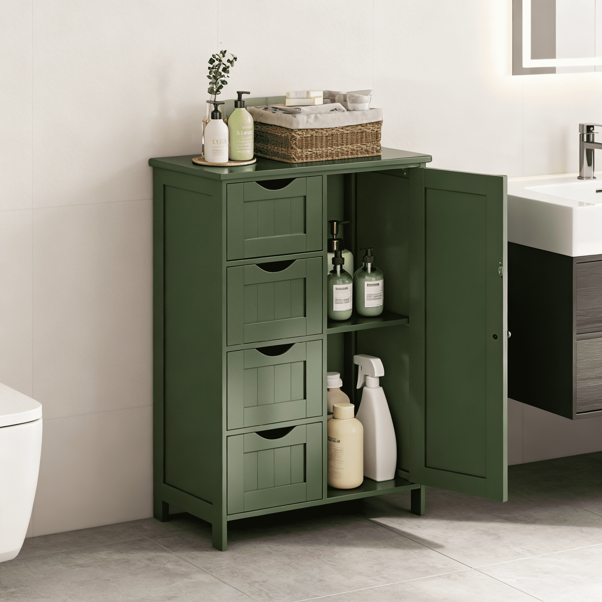 LEDREM Bathroom Floor Cabinet, Wooden Freestanding Side Storage Organizer with 4 Drawers and Adjustable Shelves for Bathroom, Forest Green