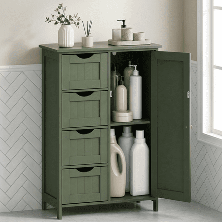LEDREM Bathroom Floor Cabinet, Wooden Freestanding Side Storage Organizer with 4 Drawers and Adjustable Shelves for Bathroom, Forest Green