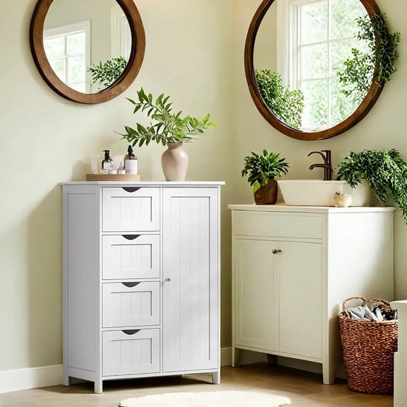 LEDREM Freestanding Storage Cabinet with Drawers and Door, Slim Floor Organizer with Adjustable Shelf, Space-Saving Design for Bathroom Kitchen Living Room, Cloud White