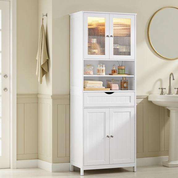 LEDREM Freestanding Storage Cabinet with LED Light, Adjustable Shelves and Drawer, for Bathroom Kitchen Living Room, Cloud White