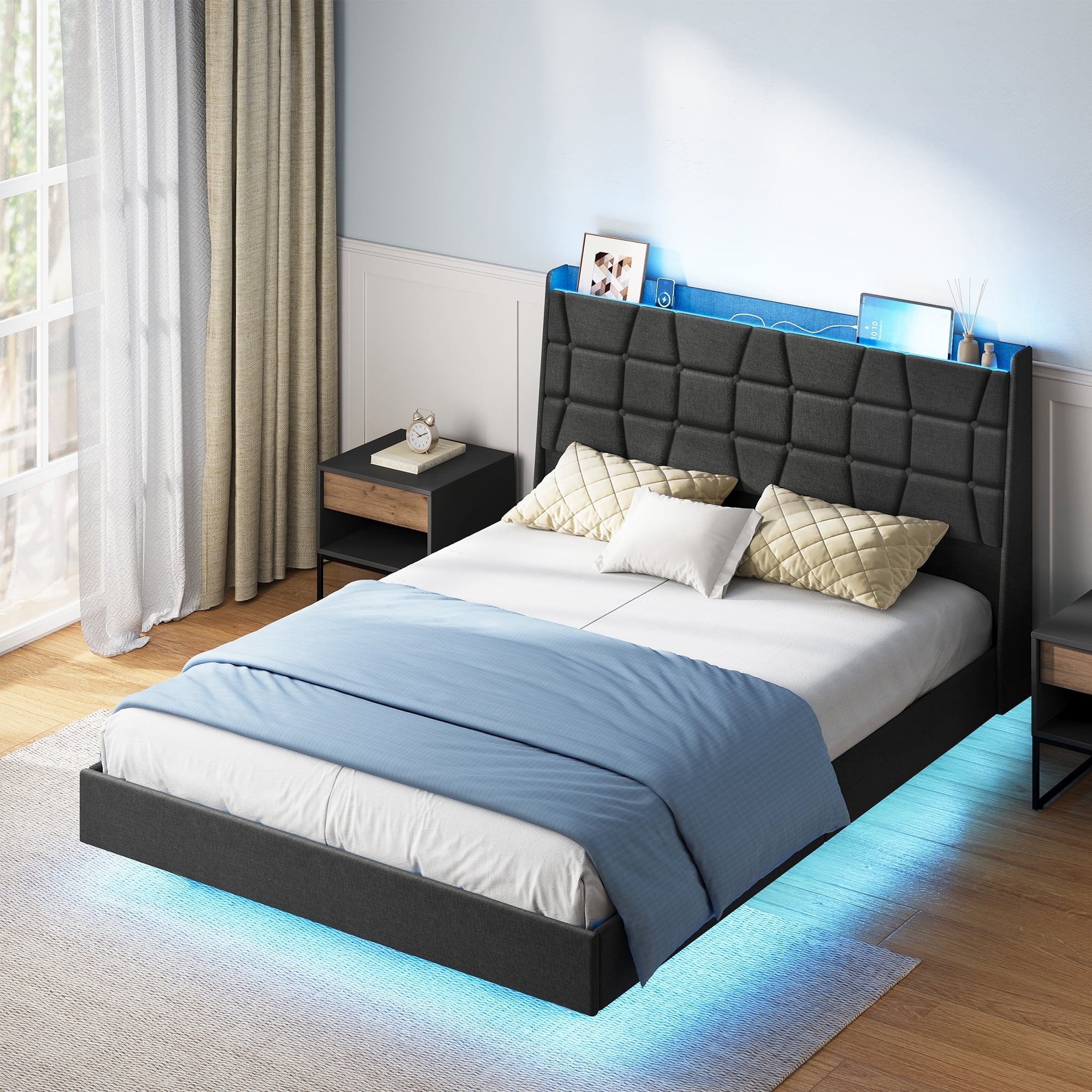 LEDREM Full Size Floating Platform Bed Frame with LED Lights & Charging ...