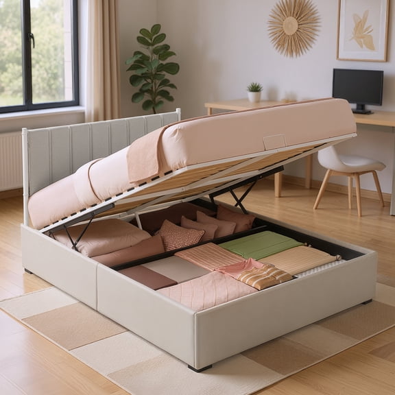 LEDREM Full Size Hydraulic Lift-Up Storage Bed Frame with Upholstered Headboard, 12.5-Inch Underbed Space & Easy Assembly, Cappuccino Beige