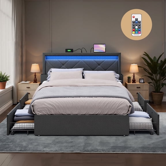 LEDREM Full Size LED Platform Bed Frame, Adjustable 37.1/39.6 Inch Upholstered Headboard with 4 Drawers, 2 Charging Ports & Storage Bags, Dark Gray