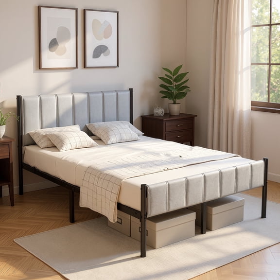 LEDREM Full Size Metal Bed Frame with Upholstered Headboard and Footboard, 12.2-Inch Underbed Clearance, 1100 lb Capacity, Easy Assembly, Dove Gray