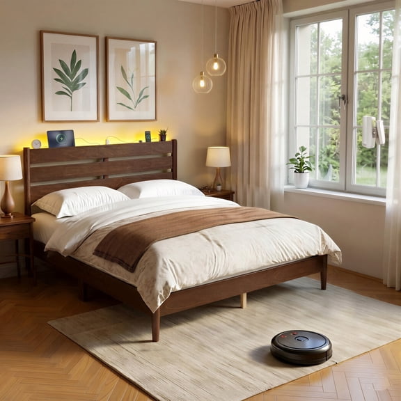 LEDREM Full Size Platform Bed Frame with Headboard, Built-In Adjustable LED Lights, 4-Port Charging Station & Storage Shelf, Coffee Brown