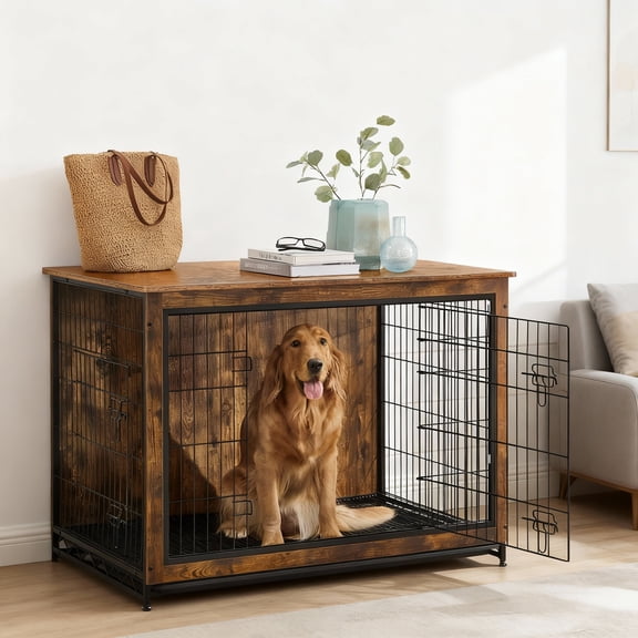 LEDREM Furniture-Style Dog Crate with Double Doors, Heavy-Duty Metal Frame, Indoor End Table Design, Front & Side Access, Removable Tray, for Large Dogs up to 80 lb, Rustic Brown