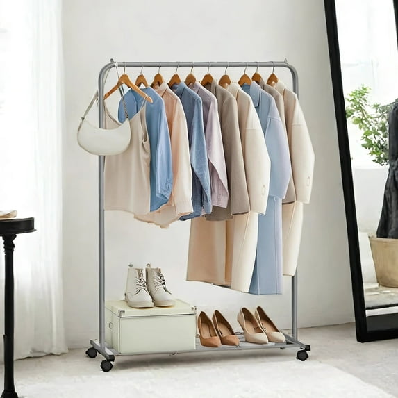 LEDREM Garment Rack, Closet Organizer with Shoe Storage, 110lb Capacity for Bedroom, Gray