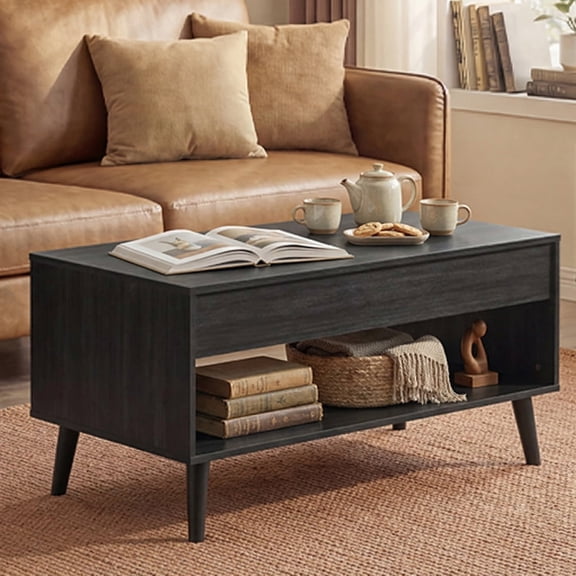 LEDREM Gas-Assisted Rising Coffee Table, Convertible Desktop for Dining or Work, Hidden Under-Top Storage & Lower Tier, Charcoal Gray
