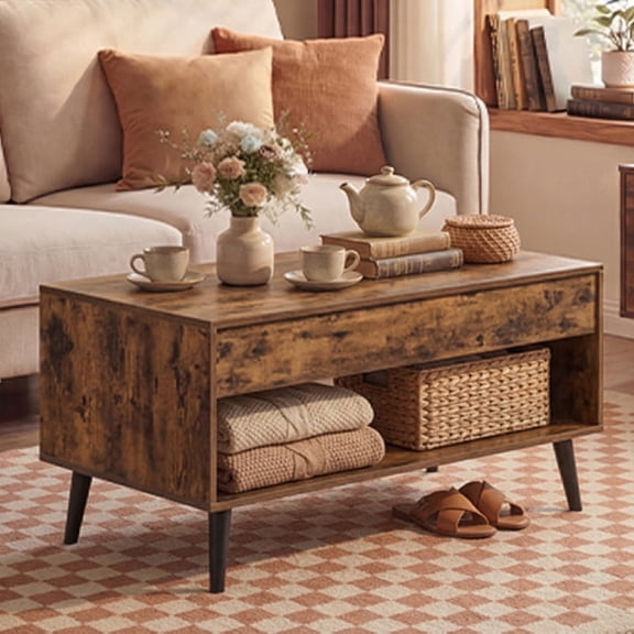 LEDREM Gas-Spring Lift-Top Coffee Table, Convertible Work or Dining Surface, Hidden Compartment & Bottom Shelf, Rustic Brown