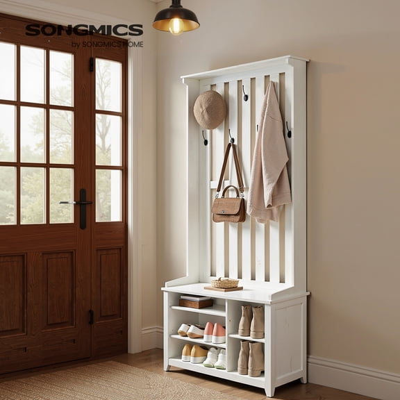 LEDREM Hall Tree with Bench & Shoe Storage, Coat Rack with 7 Double Hooks & Adjustable Shelf, for Entryway, Bedroom, 70.9 x 31.9 x 13.8 Inches, Rustic White