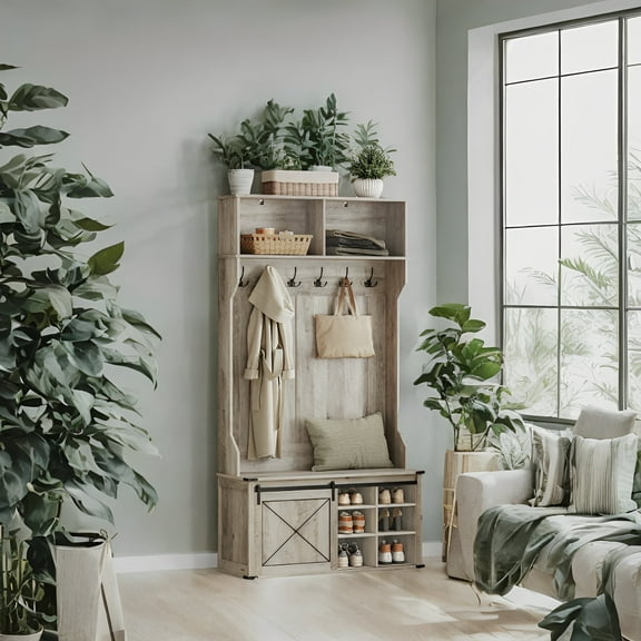 LEDREM Hall Tree with Bench - 6 Triple Hooks & Adjustable Shoe Storage, Space-Saving Entryway Organizer, Heather Greige