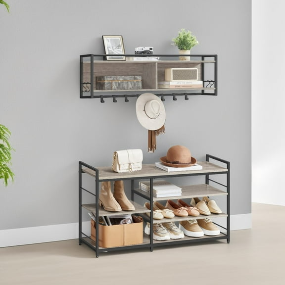 LEDREM Hall Tree with Shoe Bench, 12-Hook Coat Rack & 4-Tier Shoe Storage, Multifunctional Entryway Organizer, Heather Greige