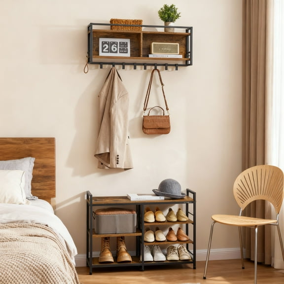 LEDREM Hall Tree with Shoe Bench, 12-Hook Coat Rack & 4-Tier Shoe Storage, Multifunctional Entryway Organizer, Rustic Brown