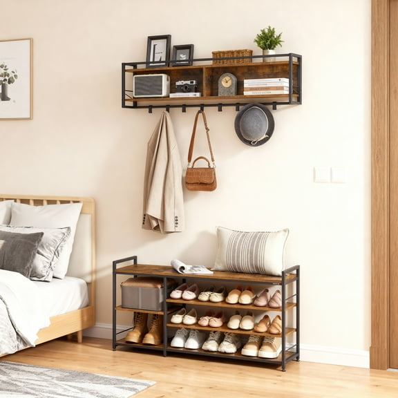 LEDREM Hall Tree with Shoe Bench, 12-Hook Coat Rack & 4-Tier Shoe Storage, Multifunctional Entryway Organizer, Rustic Brown