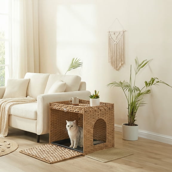 LEDREM Handwoven Rattan Cat Litter Box Enclosure, Hidden Litter Box Furniture with Removable Tray & Mat, Boho End Table, Goose Yellow