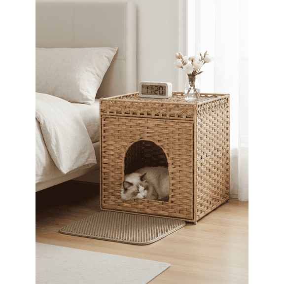 LEDREM Handwoven Rattan Cat Litter Box Enclosure, Hidden Litter Furniture with Removable Tray, Extra Mat, Boho Cat House End Table, Goose Yellow