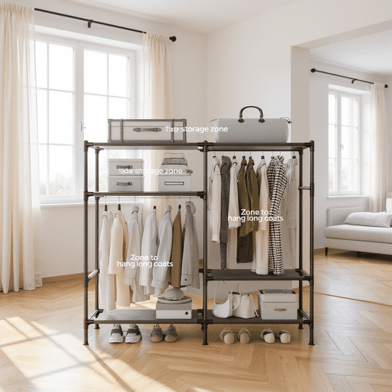 LEDREM Heavy Duty Clothes Rack , 65 Inch Freestanding Wardrobe with 2 Rails & 3 Shelves , 242 lb Capacity , Easy No-Tool Assembly , Black