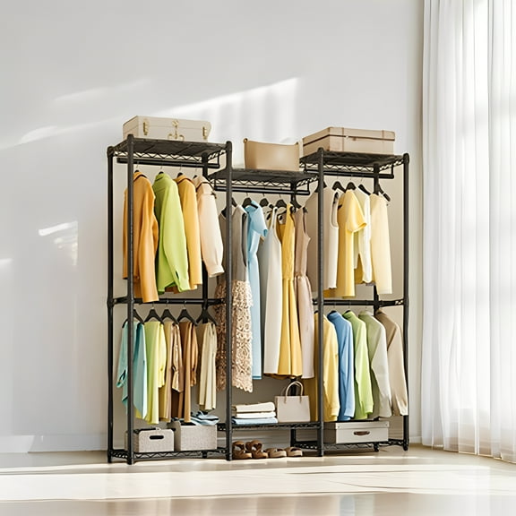 LEDREM Heavy-Duty Garment Rack , 56.9-Inch Wide Portable Closet with 5 Rails & 6 Shelves , No-Tool Assembly , 419lb Capacity , Ink Black