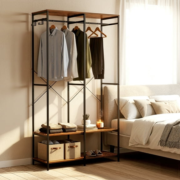 LEDREM Heavy Duty Garment Rack , Iron and Wood Closet Organizer with Hanging Rods & Shelves , Freestanding Storage for Bedroom , 70.9 Inch ,Rustic Brown