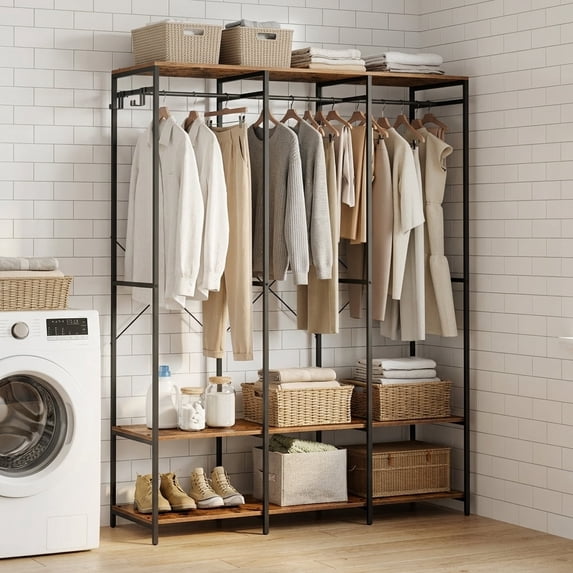 LEDREM Heavy Duty Garment Rack , Iron and Wood Closet Organizer with Hanging Rods & Shelves , Freestanding Storage for Bedroom , 70.9 Inch ,Rustic Brown