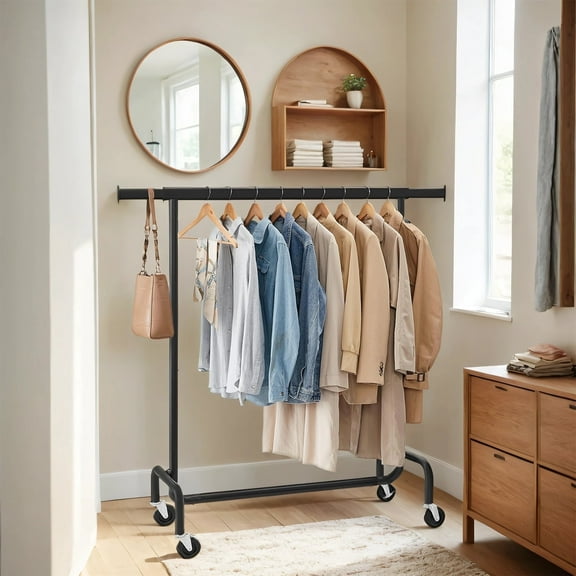 LEDREM Heavy-Duty Garment Rack with Wheels, Extendable Hanging Rod, 286.6 lb Capacity, 17.7 x (43.3-59.1) x 64.1 inches, Chrome-Plated Steel, Matte Black