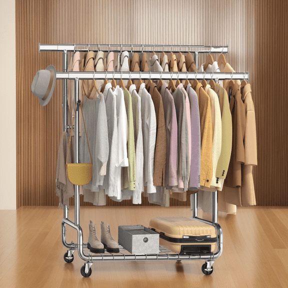 LEDREM Heavy-Duty Garment Rack with 2 Extendable Hanging Rods and Wheels, Clothes Rack for Hanging with 594 lb Capacity, 42.1-59 Inches Wide