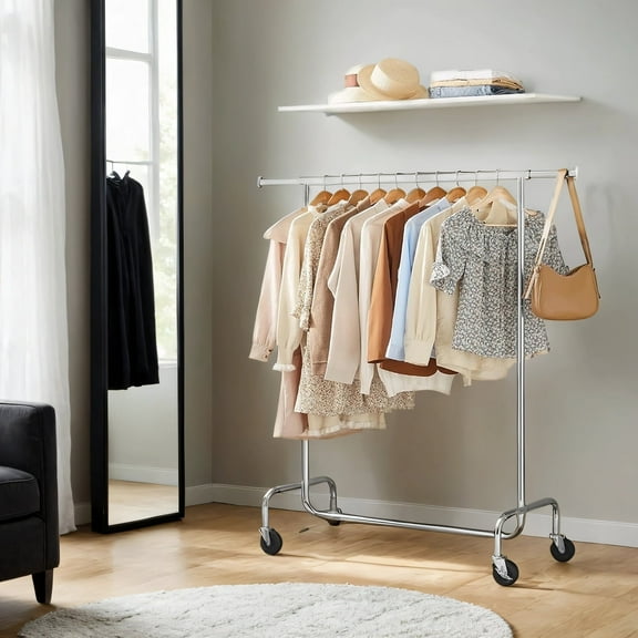 LEDREM Heavy-Duty Garment Rack with Extendable Hanging Rod, 286 lb Capacity, 360° Swivel Wheels, Adjustable Width (43-59"), Chrome Steel, Silver