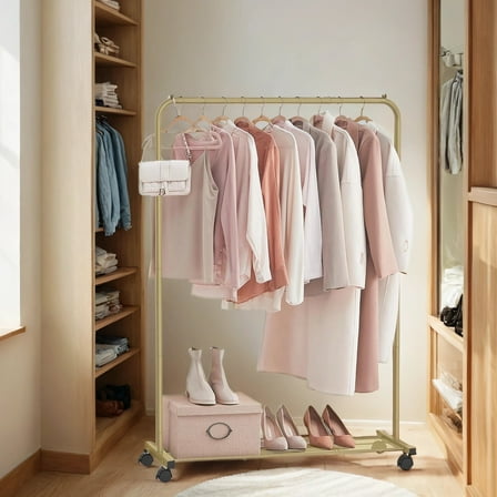 LEDREM Garment Rack, Closet Organizer with Shoe Storage, 110lb Capacity for Bedroom, Gold