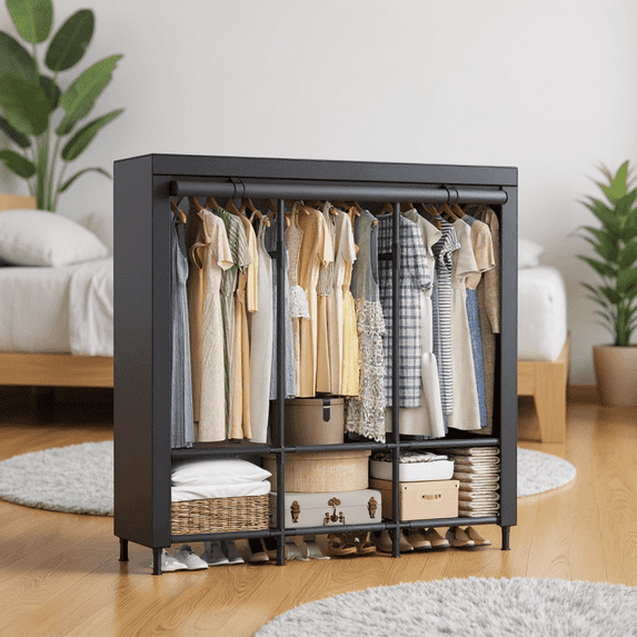 LEDREM Heavy Duty Wardrobe Closet , 51.2 Inch Portable Clothing Rack with 3 Rails & 6 Shelves , Freestanding Organizer with Fabric Cover ,Dove Gray