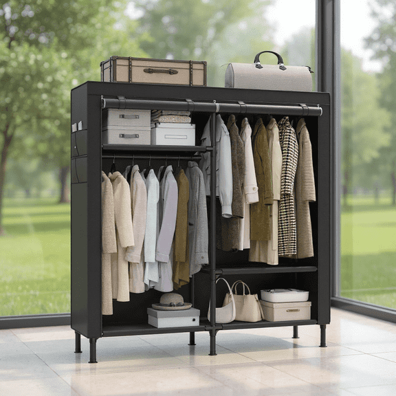 LEDREM Heavy Duty Wardrobe Closet , 65 Inch Portable Closet Organizer with 2 Rails , 3 Shelves & 4 Pockets , Freestanding , Easy Assembly , Black