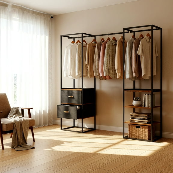 LEDREM Heavy Duty Wardrobe Closet , 70.9 Inch Freestanding Garment Rack with Extendable Rod , 2 Drawers & 4 Shelves , Space-Saving Organizer for Bedroom ,Rustic Brown