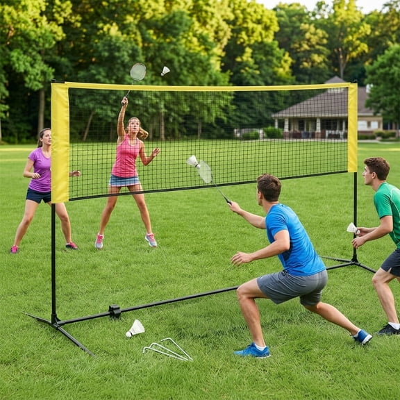 LEDREM Height-Adjustable Portable Sports Net, 10ft Multi-Sport Net for Badminton, Pickleball, Volleyball, Junior Tennis with Foldable Poles & Carry Bag, Yellow