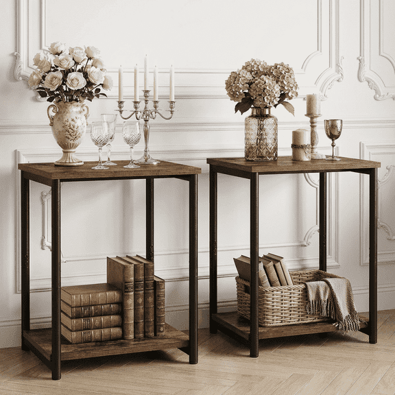 LEDREM Industrial 2-Pack Accent End Tables, Sturdy Steel Frame & Particleboard, Easy assembly, Adjustable Feet Slim Side Table, Brown & Black