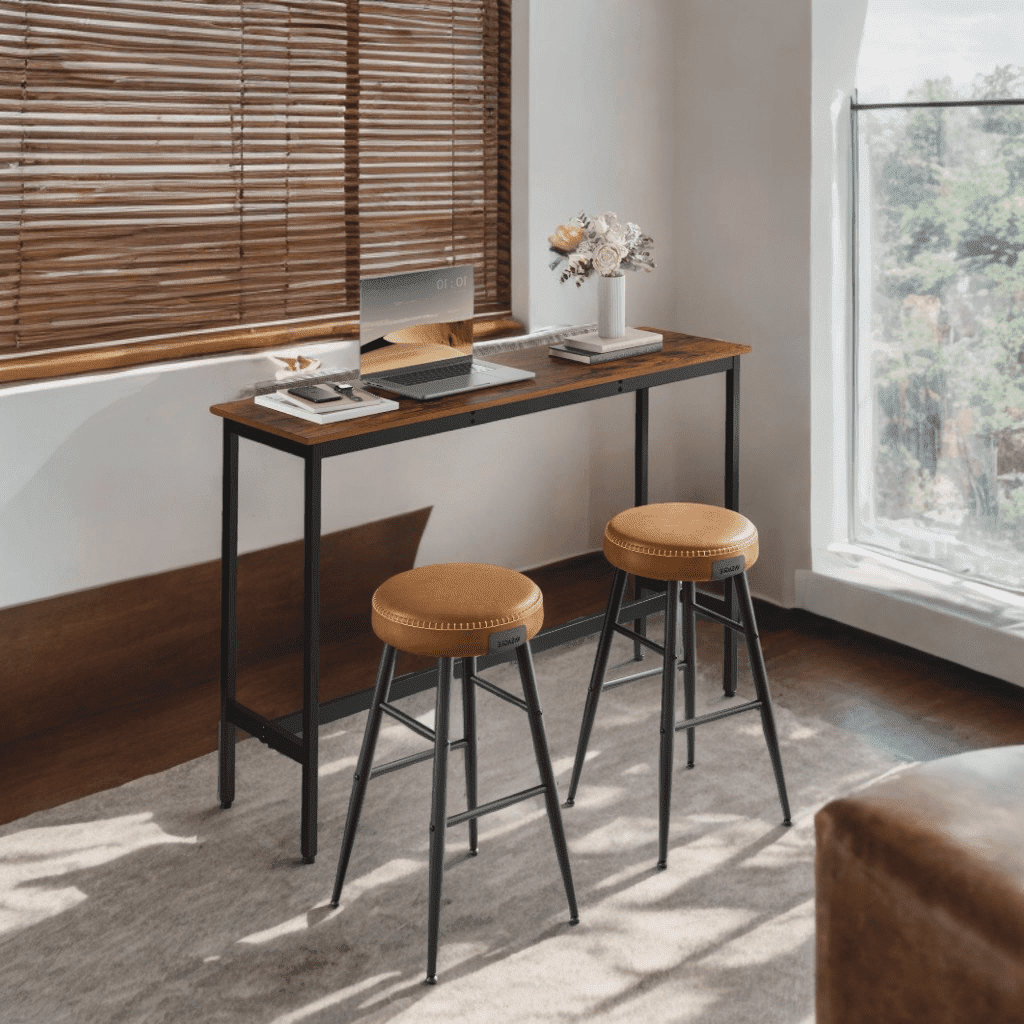 LEDREM Industrial Narrow Bar Table - 55.1" Long Kitchen Dining Table with Metal Frame & Adjustable Feet, Space-Saving Design, Rustic Brown and Black