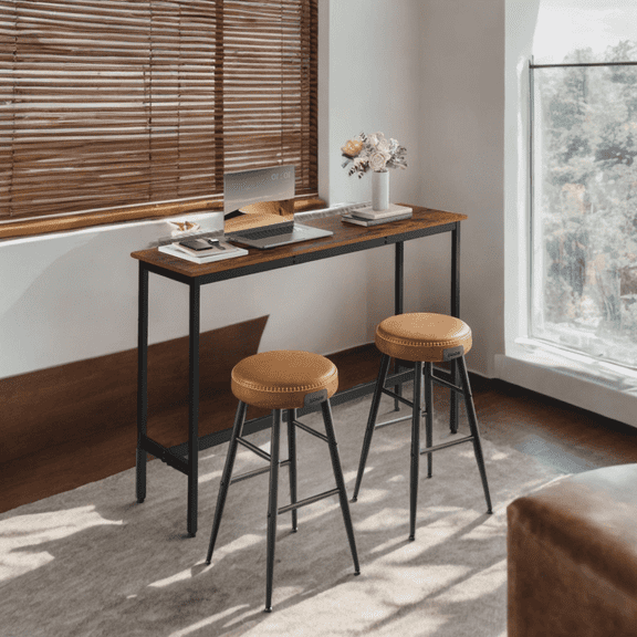 LEDREM Industrial Narrow Bar Table - 55.1" Long Kitchen Dining Table with Metal Frame & Adjustable Feet, Space-Saving Design, Rustic Brown and Black